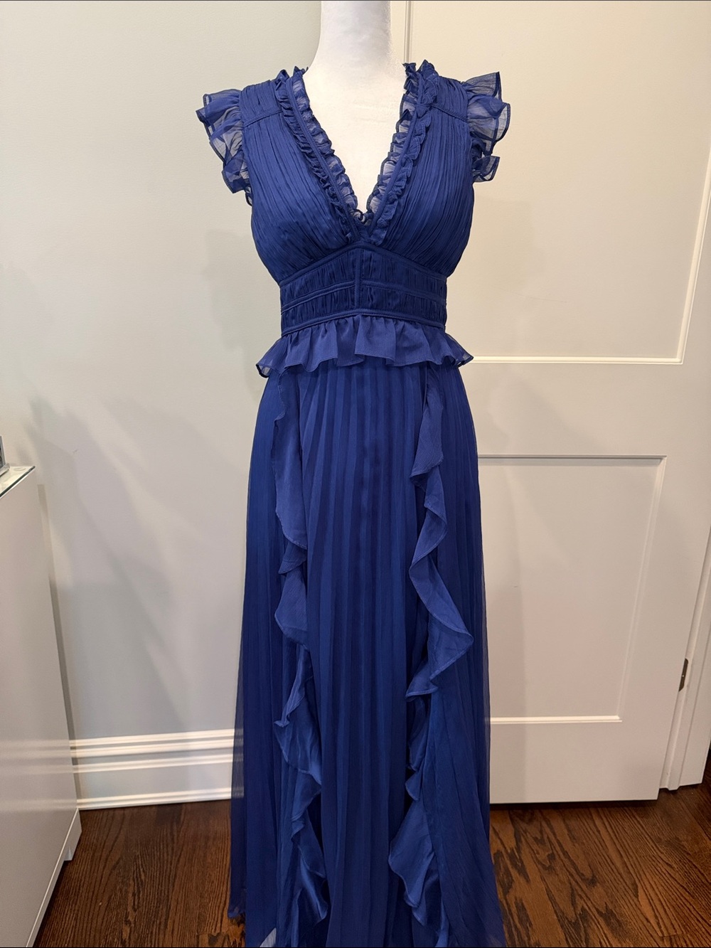 Aqua Deep Blue Ruffle Pleated Maxi Dress
